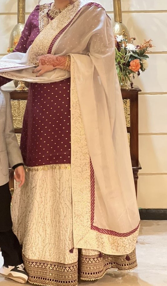 Wine and cream lehenga set with a sequined dupatta