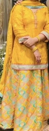 Yellow embroidered kameez with a pastel printed sharara