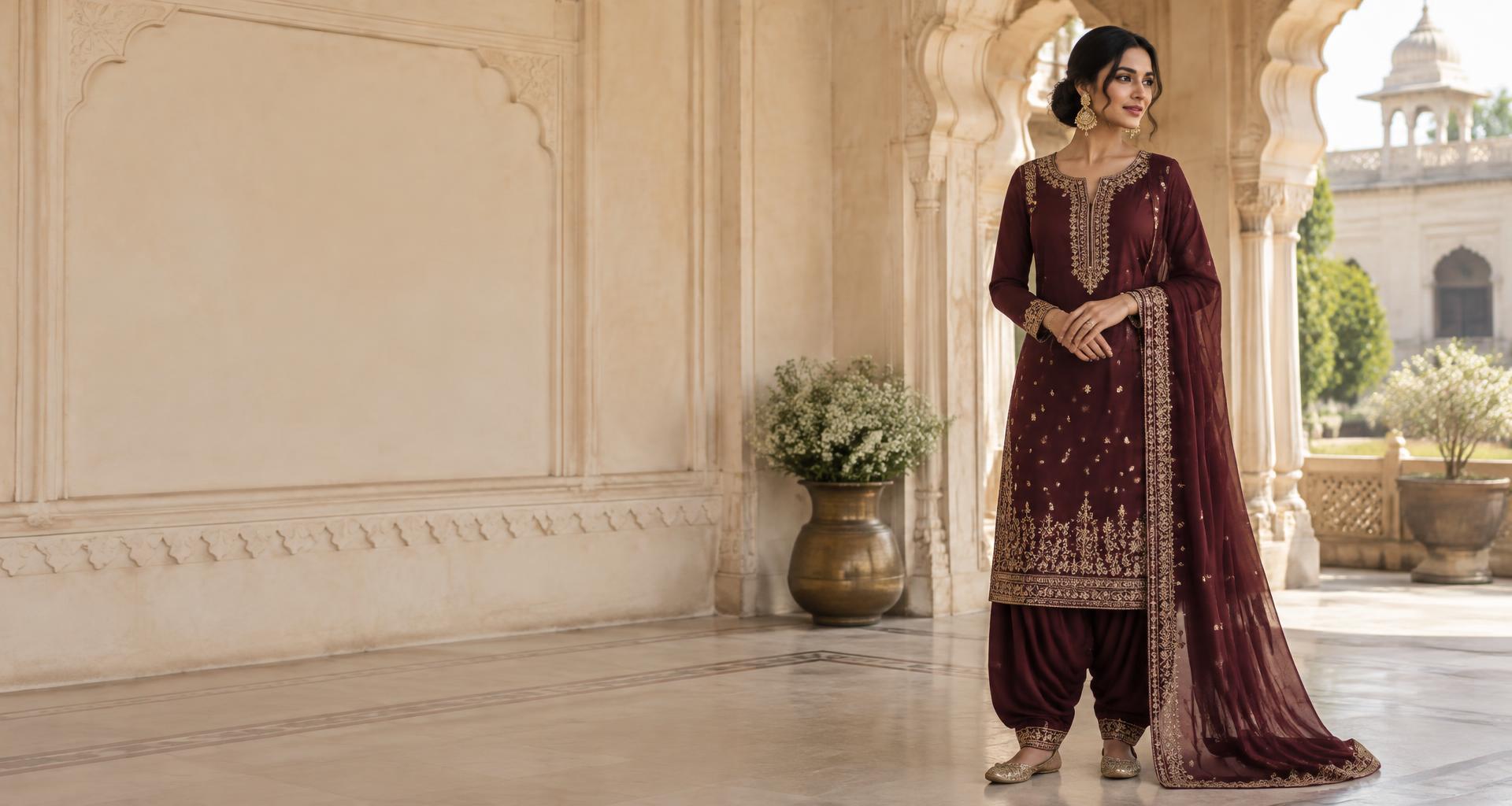 Burgundy embroidered Punjabi suit with a gold-detailed dupatta